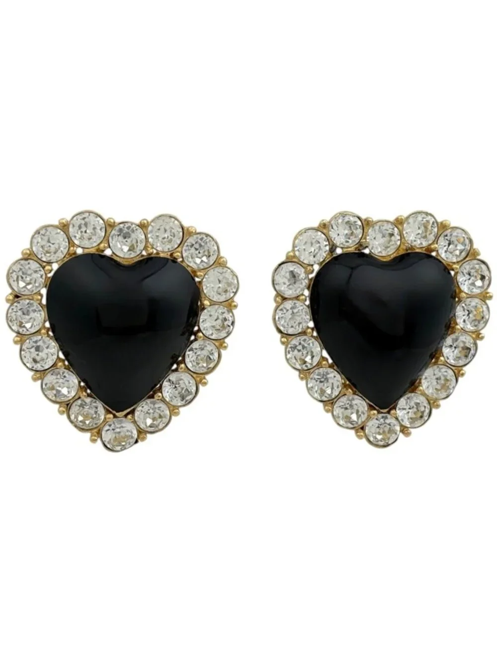 Dior Earrings Heart Motif Rhinestone Gold Black